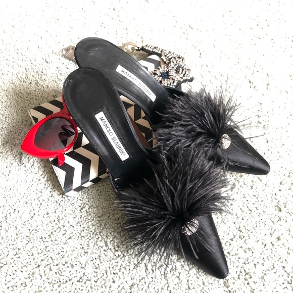 Manolo Blahnik Shoes - MANOLO BLAHNIK Black silkfeather Pom Pom mules sz9